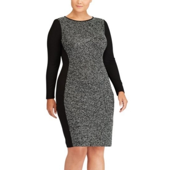 Lauren Ralph Lauren | Black & White Knit-Panel Long-Sleeve Dress - Picture 1 of 9